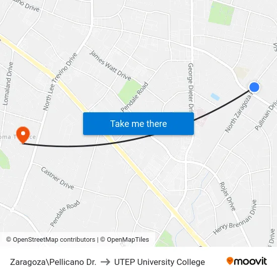 Zaragoza\Pellicano Dr. to UTEP University College map