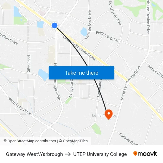 Gateway West\Yarbrough to UTEP University College map