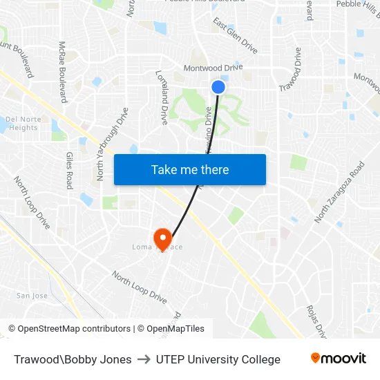 Trawood\Bobby Jones to UTEP University College map