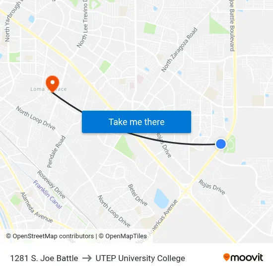 1281 S. Joe Battle to UTEP University College map