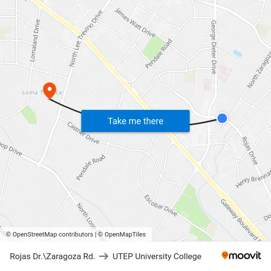 Rojas Dr.\Zaragoza Rd. to UTEP University College map