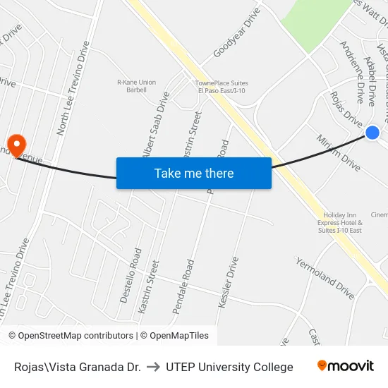 Rojas\Vista Granada Dr. to UTEP University College map