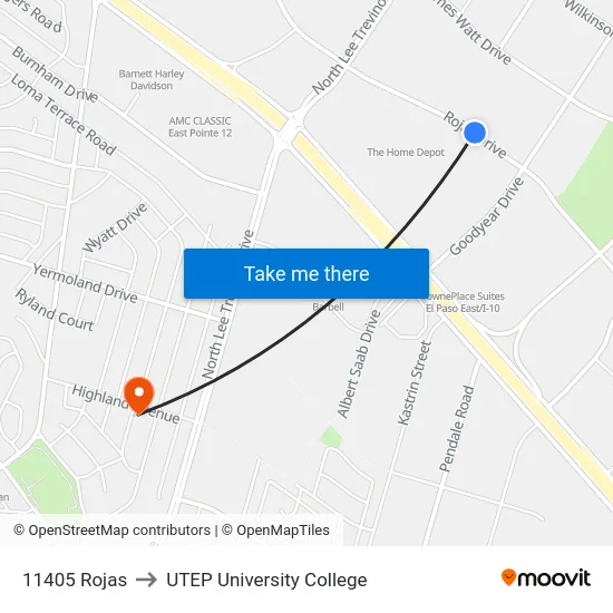 11405 Rojas to UTEP University College map