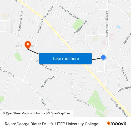 Rojas\George Dieter Dr. to UTEP University College map