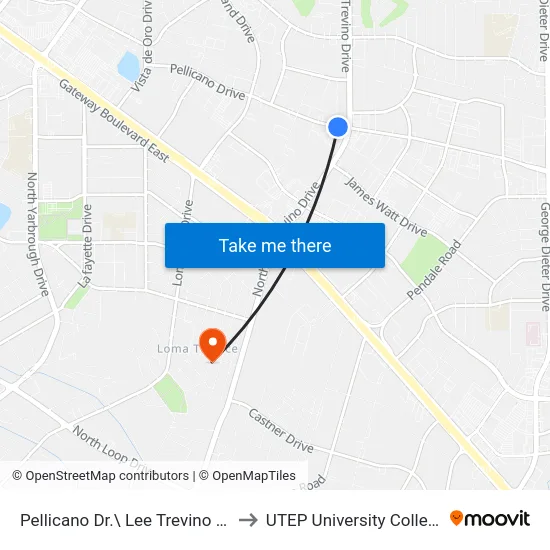 Pellicano Dr.\ Lee Trevino Dr. to UTEP University College map