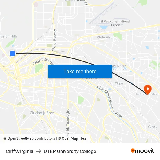 Cliff\Virginia to UTEP University College map