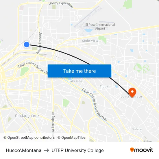 Hueco\Montana to UTEP University College map