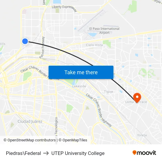 Piedras\Federal to UTEP University College map