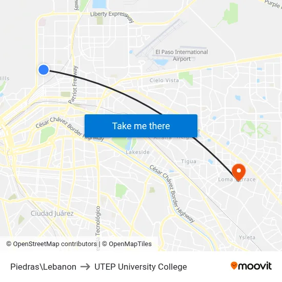 Piedras\Lebanon to UTEP University College map