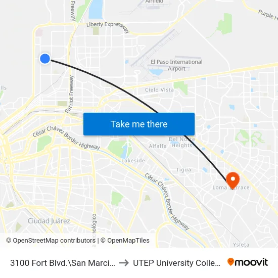 3100 Fort Blvd.\San Marcial to UTEP University College map