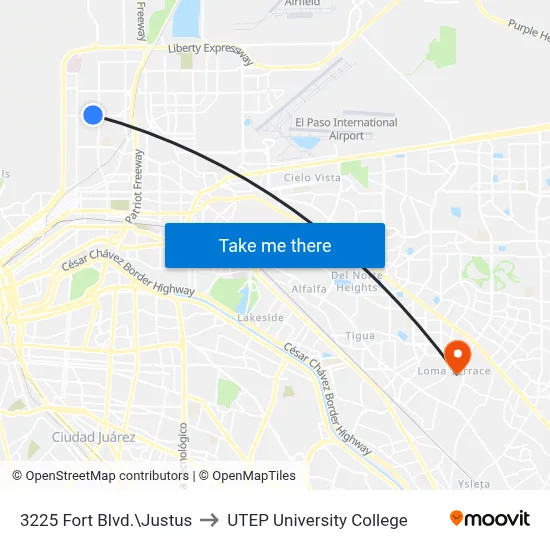 3225 Fort Blvd.\Justus to UTEP University College map