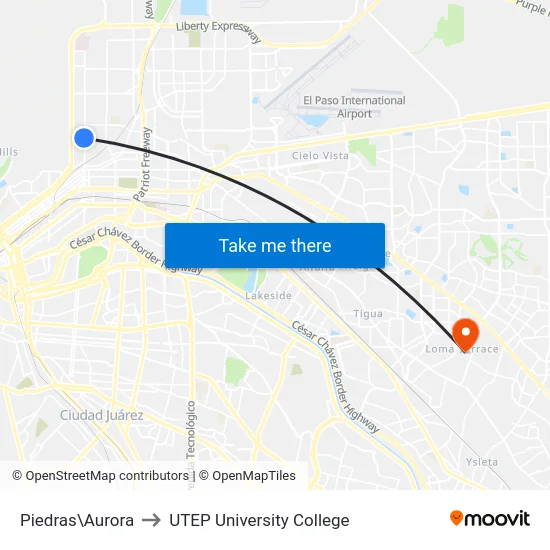 Piedras\Aurora to UTEP University College map