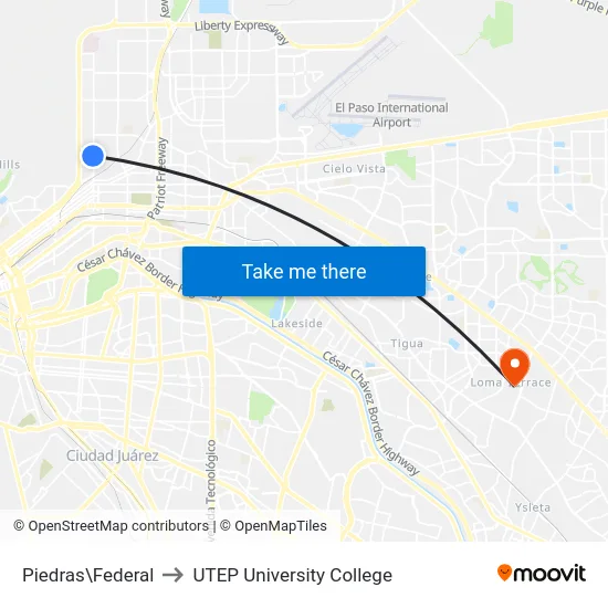Piedras\Federal to UTEP University College map