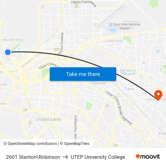 2601 Stanton\Robinson to UTEP University College map