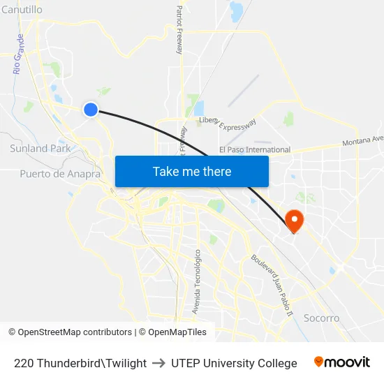 220 Thunderbird\Twilight to UTEP University College map