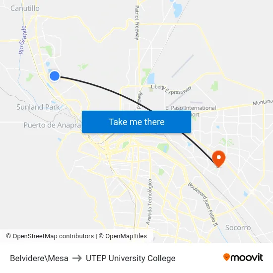 Belvidere\Mesa to UTEP University College map