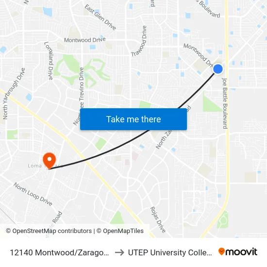 12140 Montwood/Zaragoza to UTEP University College map