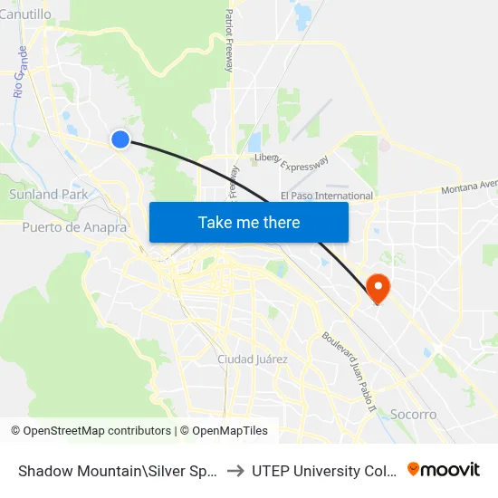 Shadow Mountain\Silver Springs to UTEP University College map