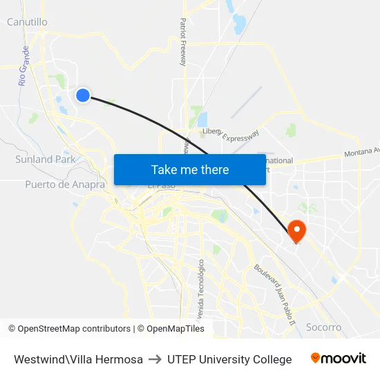 Westwind\Villa Hermosa to UTEP University College map