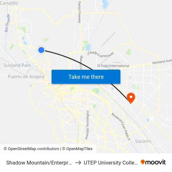 Shadow Mountain/Enterprise to UTEP University College map