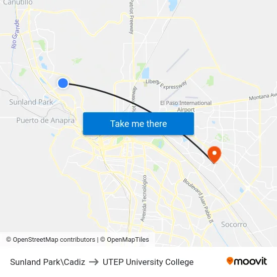 Sunland Park\Cadiz to UTEP University College map