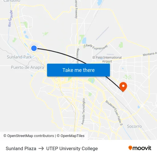 Sunland Plaza to UTEP University College map
