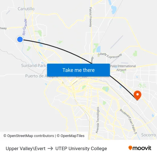 Upper Valley\Evert to UTEP University College map