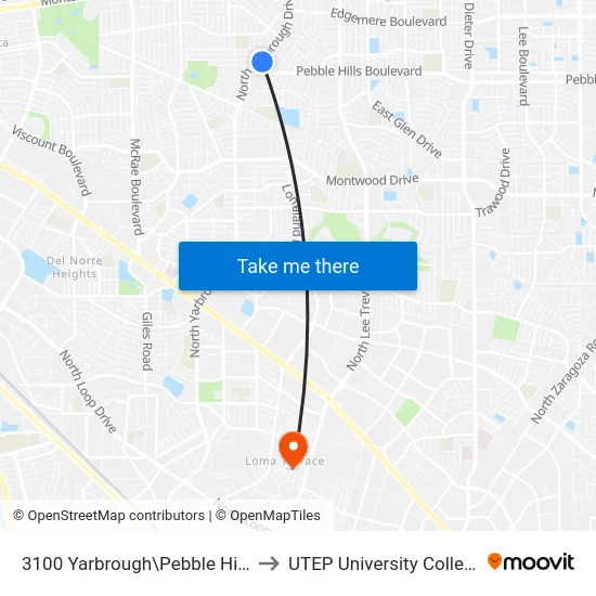 3100 Yarbrough\Pebble Hills to UTEP University College map
