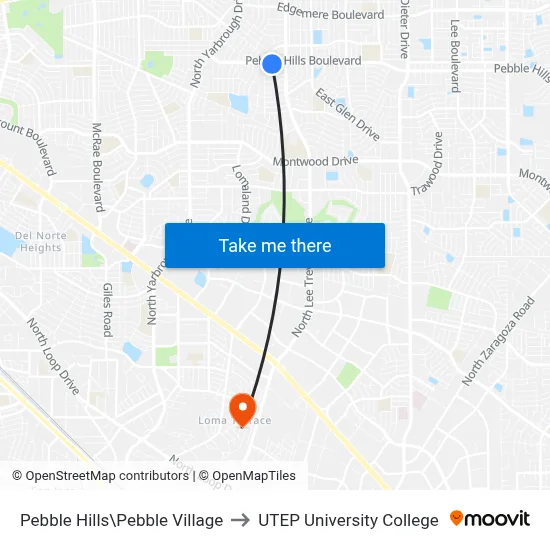 Pebble Hills\Pebble Village to UTEP University College map