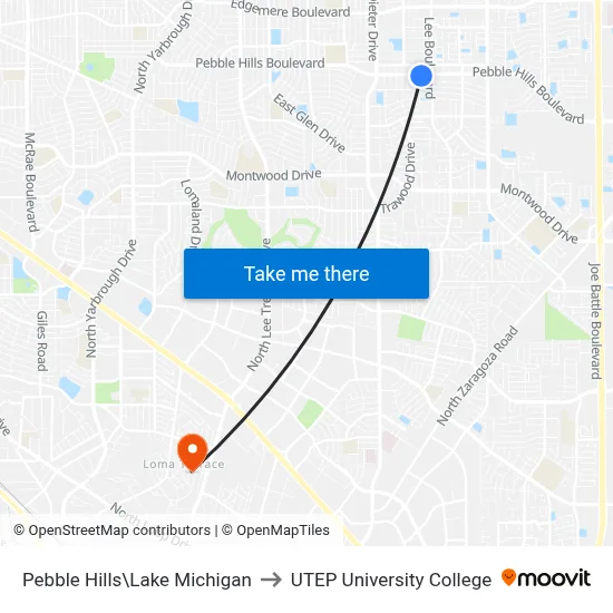 Pebble Hills\Lake Michigan to UTEP University College map