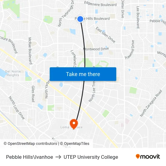 Pebble Hills\Ivanhoe to UTEP University College map