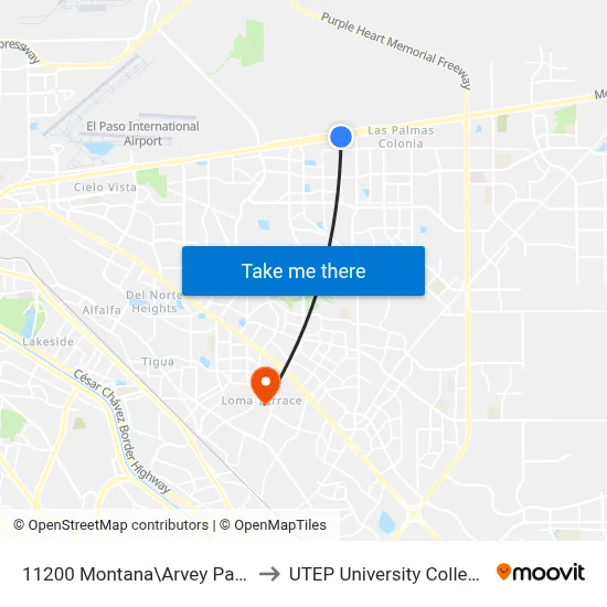 11200 Montana\Arvey Park to UTEP University College map