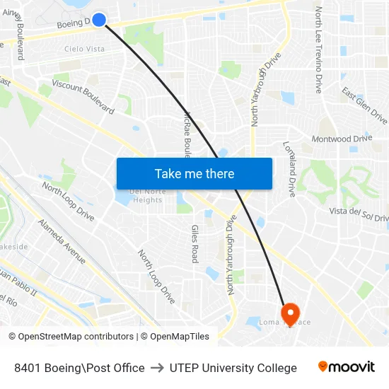 8401 Boeing\Post Office to UTEP University College map