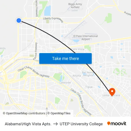 Alabama\High Vista Apts. to UTEP University College map