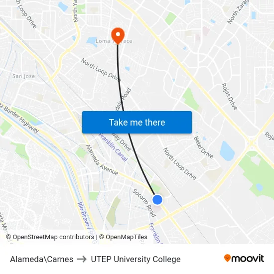 Alameda\Carnes to UTEP University College map