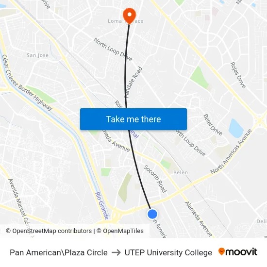 Pan American\Plaza Circle to UTEP University College map