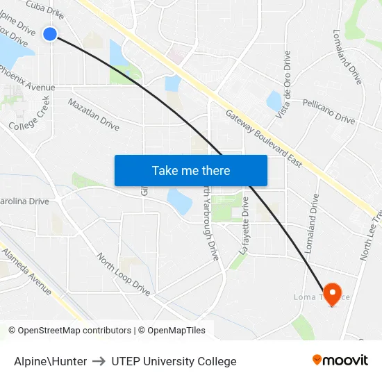 Alpine\Hunter to UTEP University College map