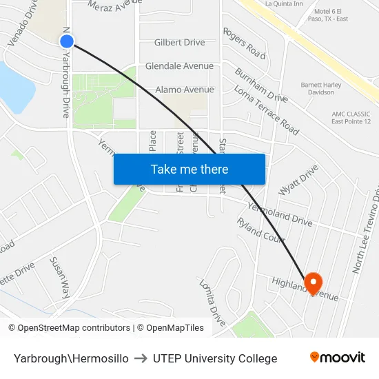 Yarbrough\Hermosillo to UTEP University College map