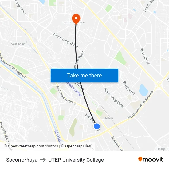 Socorro\Yaya to UTEP University College map