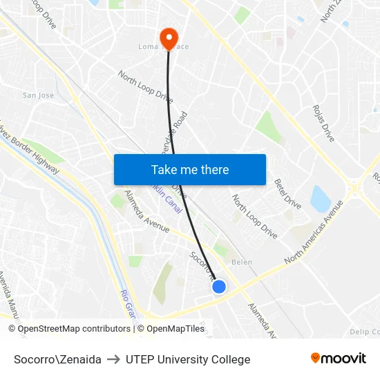 Socorro\Zenaida to UTEP University College map