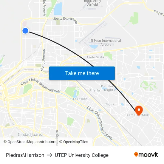 Piedras\Harrison to UTEP University College map