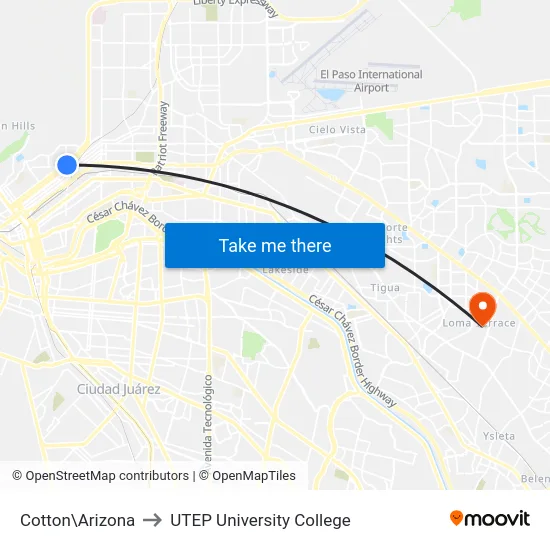 Cotton\Arizona to UTEP University College map