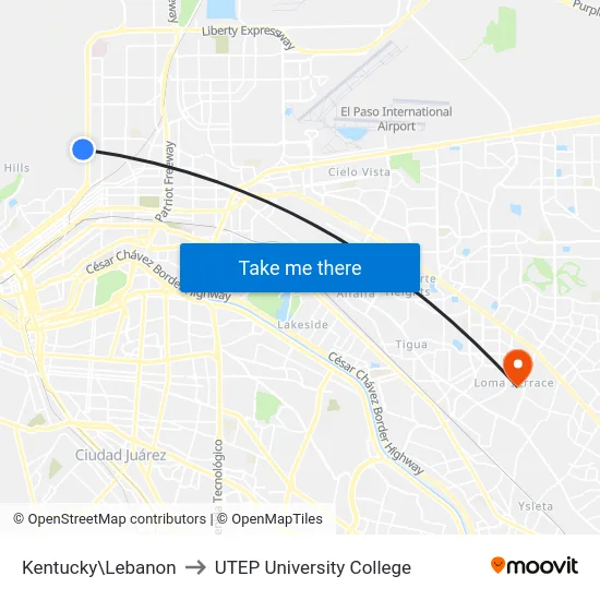 Kentucky\Lebanon to UTEP University College map