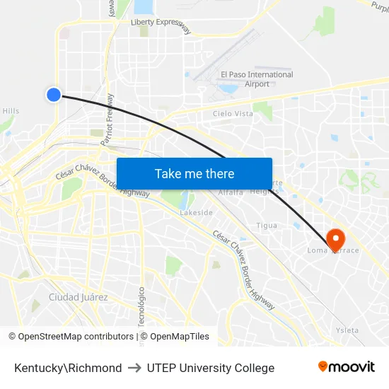 Kentucky\Richmond to UTEP University College map
