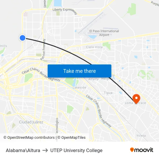 Alabama\Altura to UTEP University College map
