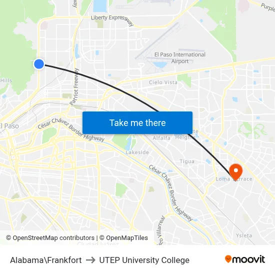 Alabama\Frankfort to UTEP University College map