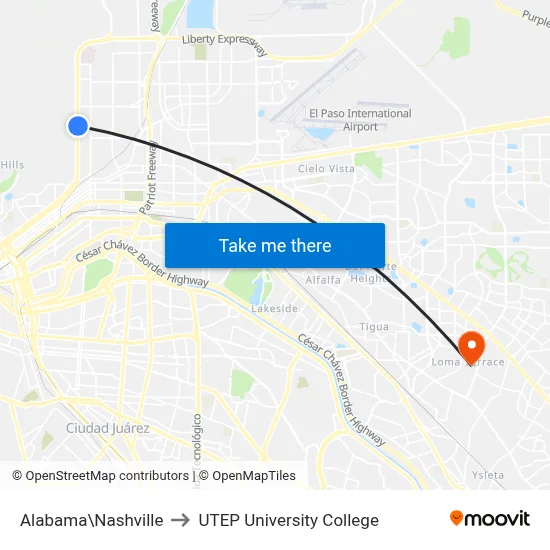 Alabama\Nashville to UTEP University College map