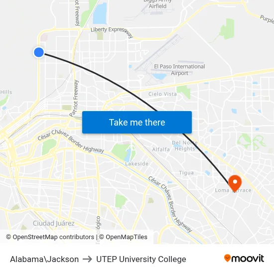 Alabama\Jackson to UTEP University College map