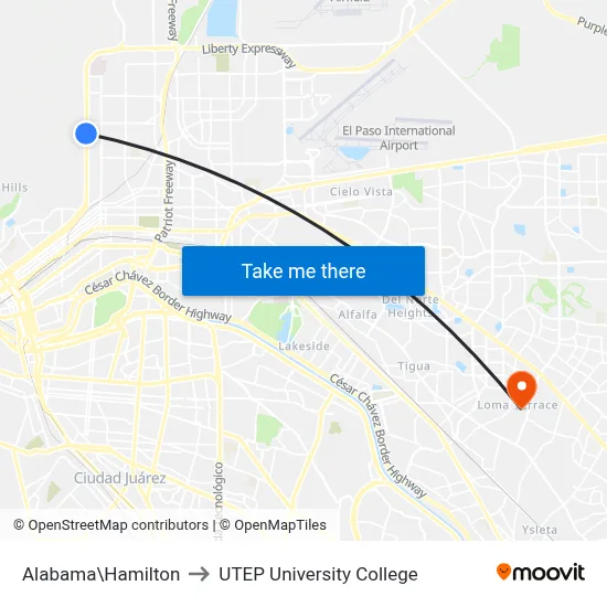 Alabama\Hamilton to UTEP University College map