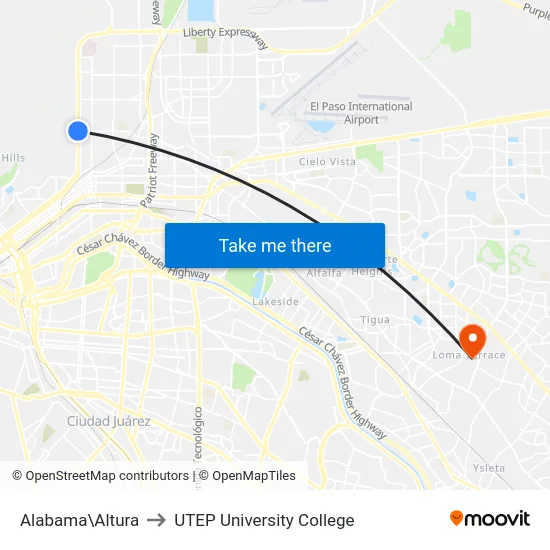 Alabama\Altura to UTEP University College map